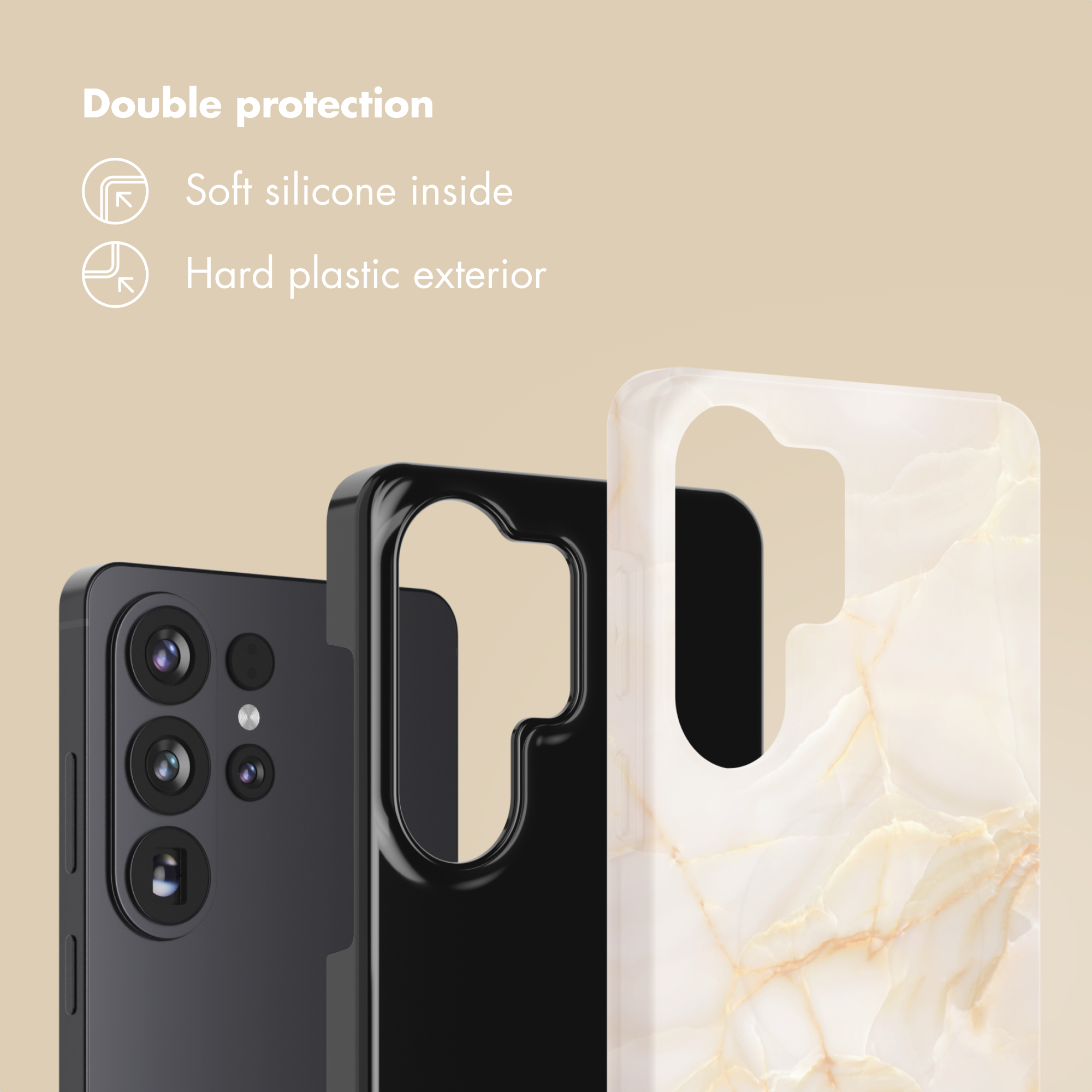 Doble protección: Silicona suave dentro, plástico duro fuera con un smartphone y fundas.