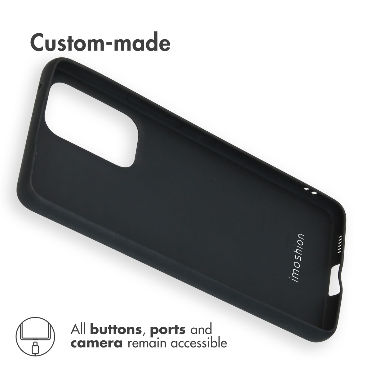 Une coque de smartphone noire sur fond blanc avec du texte sur l'accessibilité des boutons et des ports.