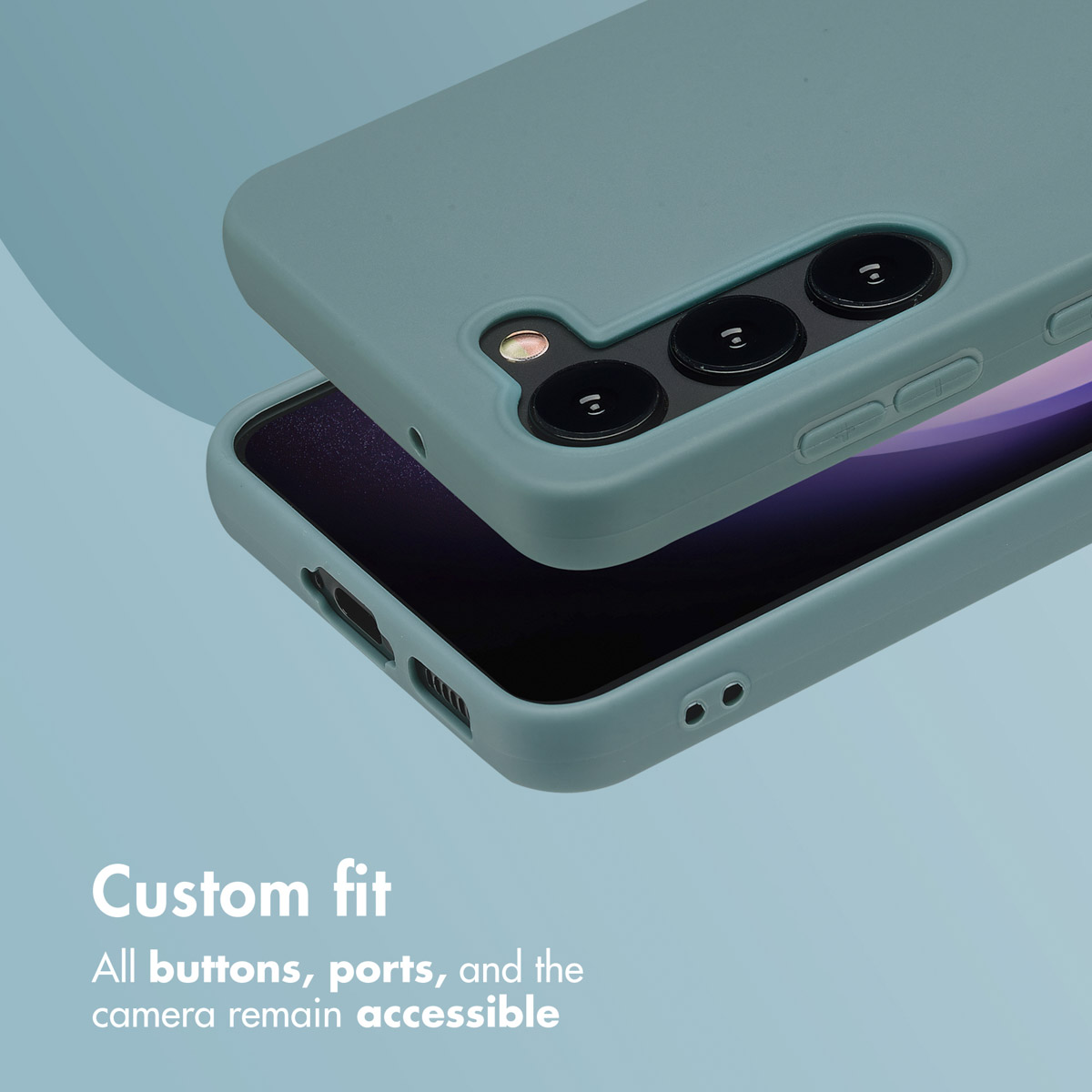 Una custodia per smartphone verde menta con obiettivi e pulsanti accessibili su sfondo blu.