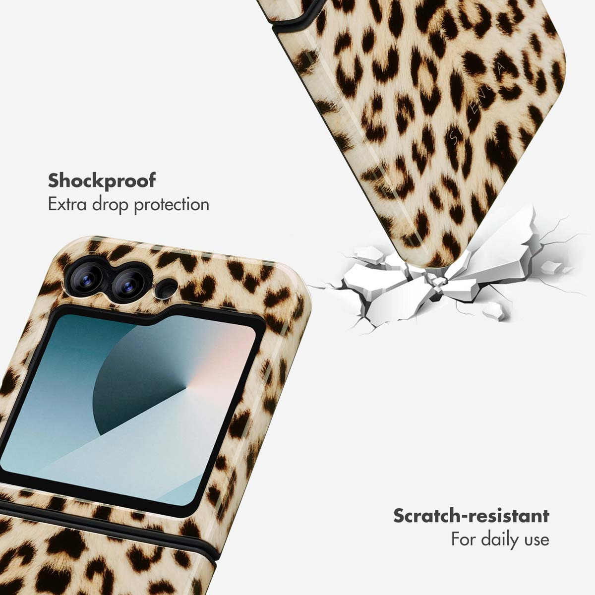 Cover per telefono leopardata su sfondo bianco con testo protettivo.