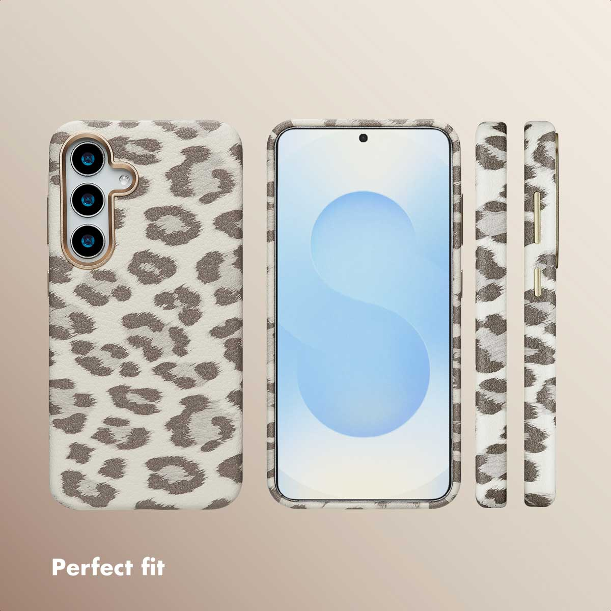 Un smartphone en funda con estampado de leopardo visto de espaldas, frente y lados, con el texto Perfect fit.