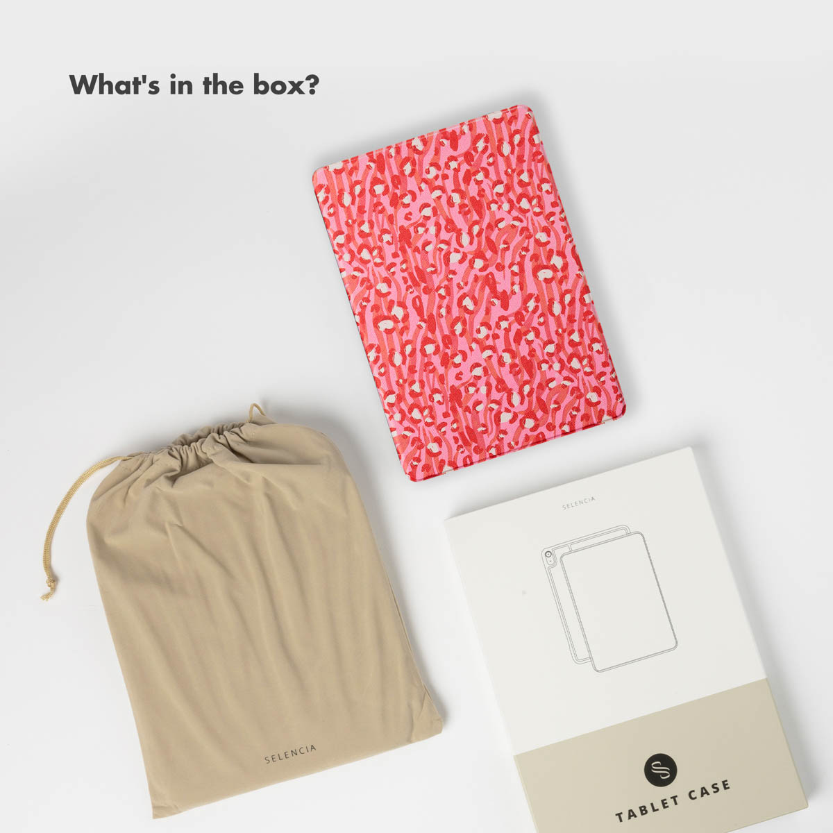 Pink patterned tablet case, beige drawstring bag, and product box labeled Tablet Case on a white background.