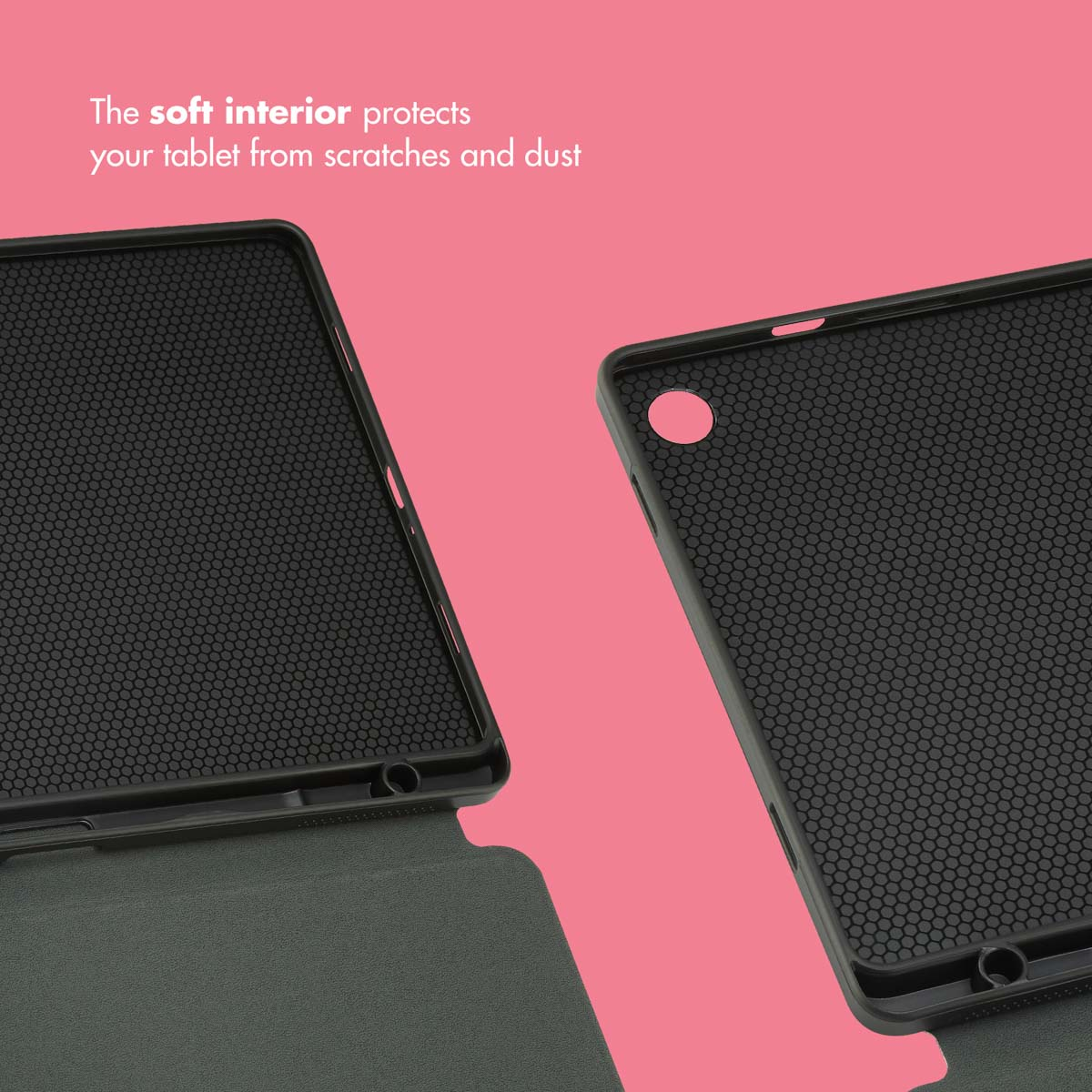 The soft interior protects your tablet from scratches and dust; two black tablet cases on a pink background.
