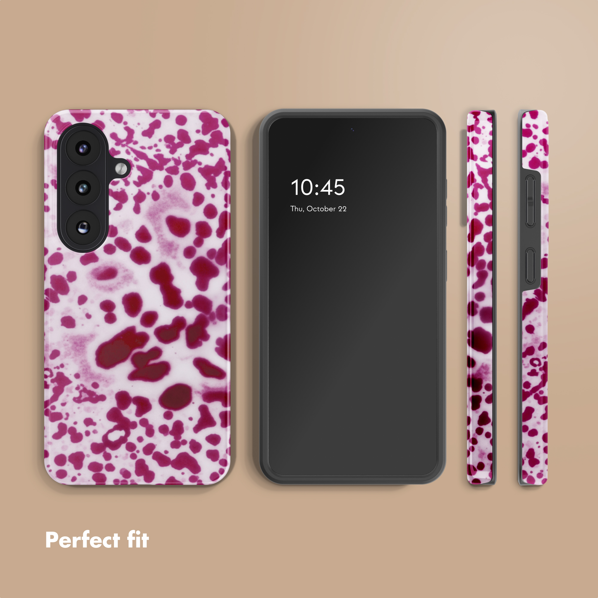 Smartphone mit pinkem, fleckigem Muster auf der Hülle vor beige Hintergrund.