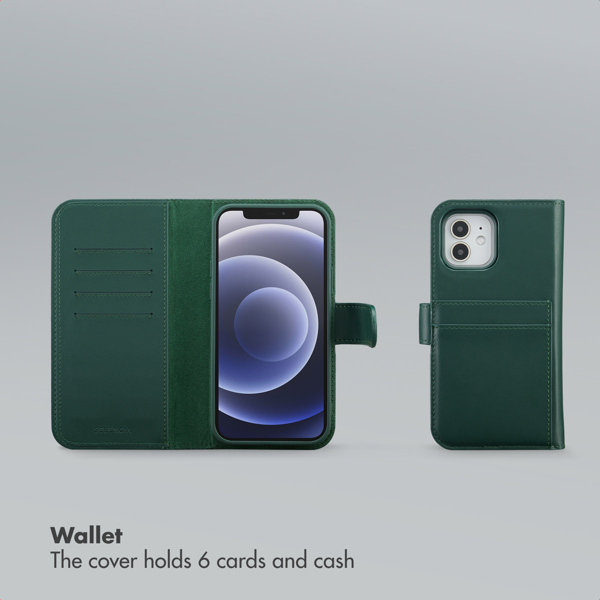 Custodia per telefono a portafoglio in pelle verde con tasche per carte, aperta e chiusa sul retro.