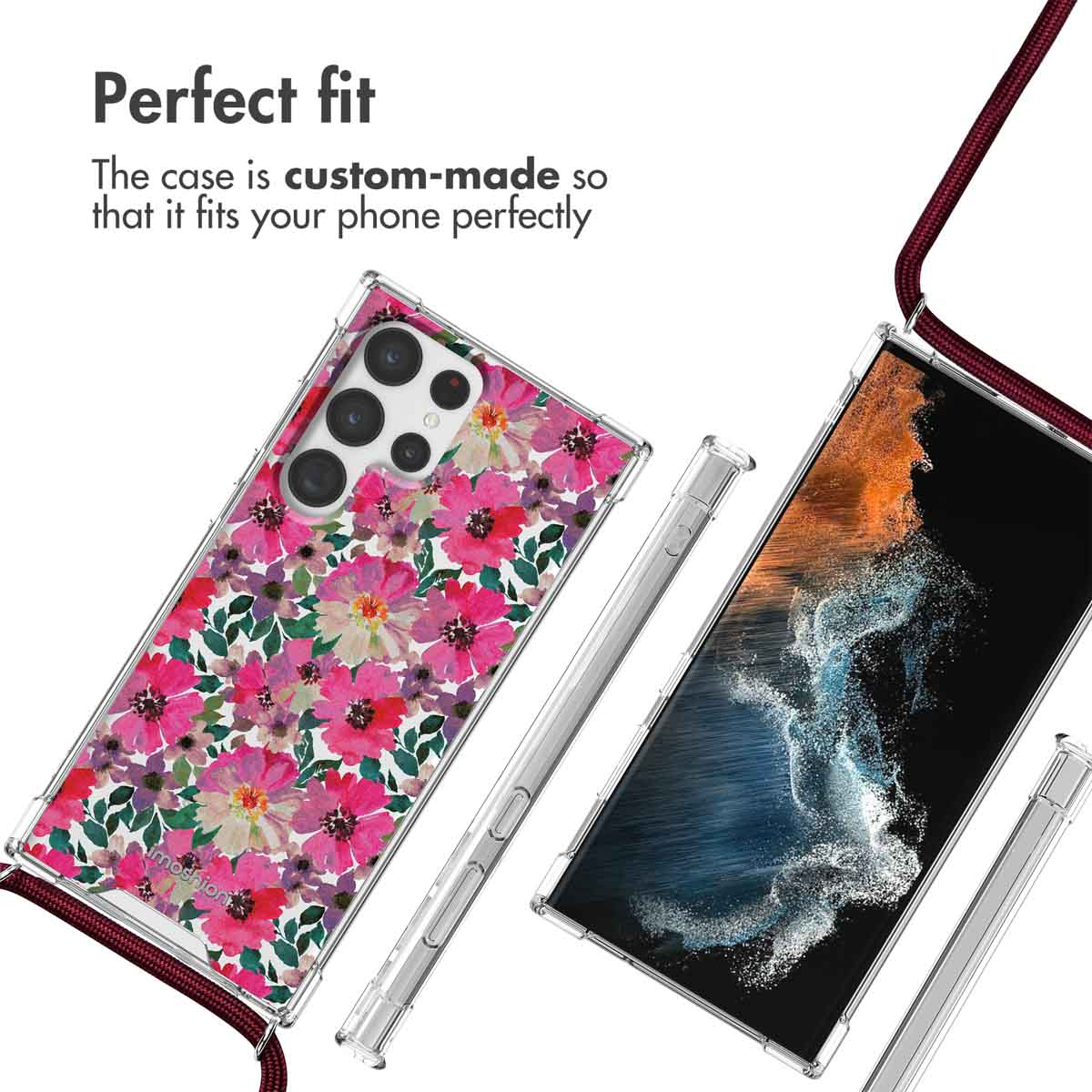Coque transparente avec fleurs colorées, lanière rouge et écran affichant de l'art abstrait.