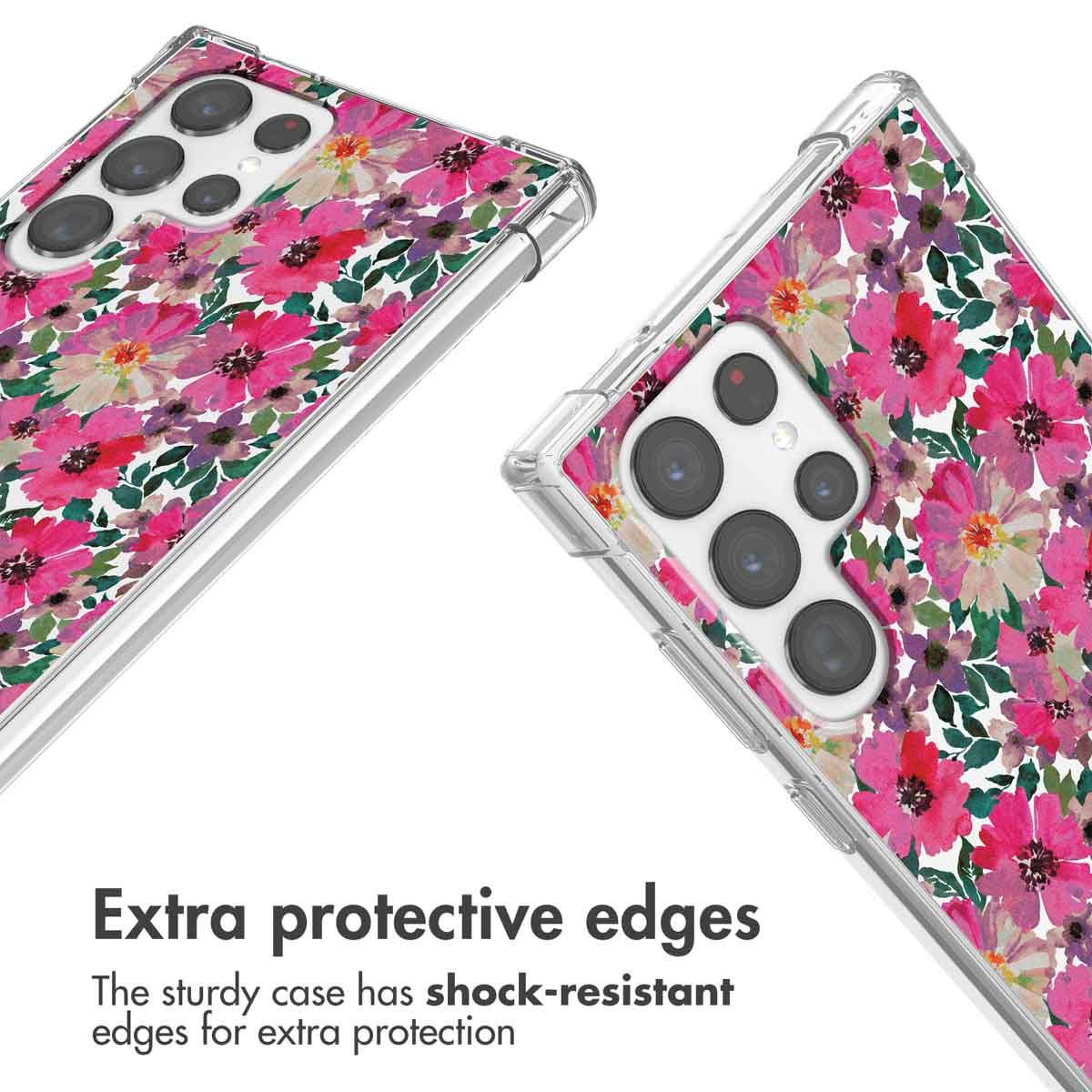 Coque de téléphone transparente avec fleurs colorées et bords antichocs.