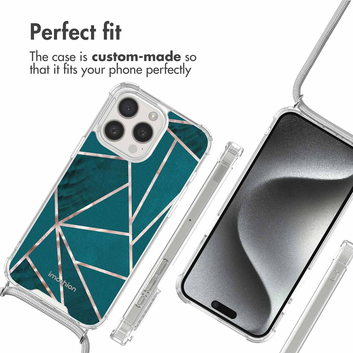 Funda de teléfono con patrón geométrico verde, líneas de oro rosa y cordón.