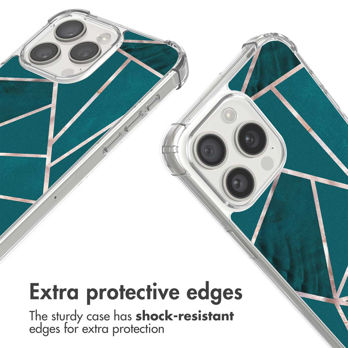 Funda de teléfono transparente con patrón geométrico verde azulado y oro rosa y bordes resistentes.