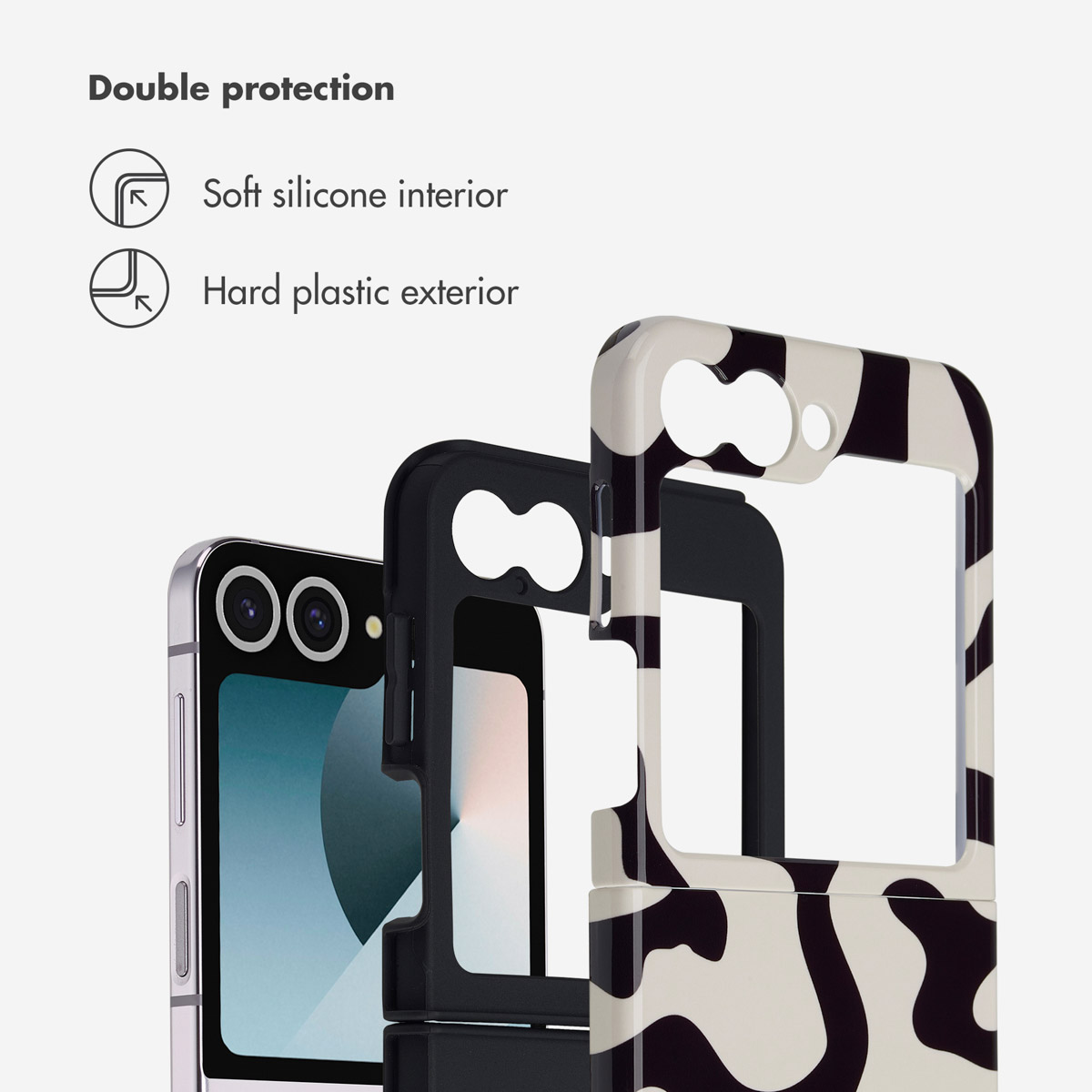 Doppia protezione con interno in morbido silicone e esterno in plastica rigida, mostrato con un telefono.