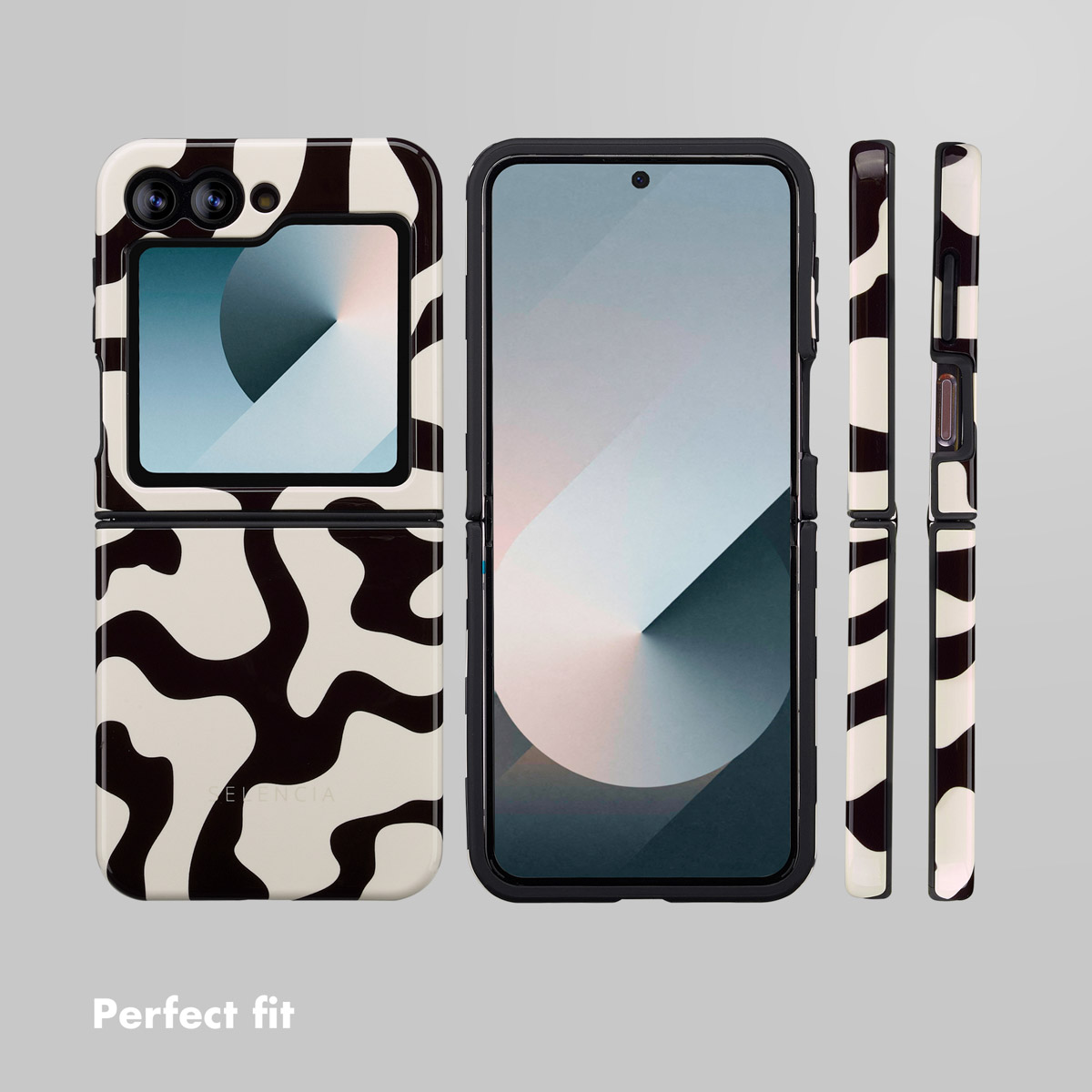 Smartphone pieghevole con custodia maculata bianco e nero, visto da fronte, retro e lato.