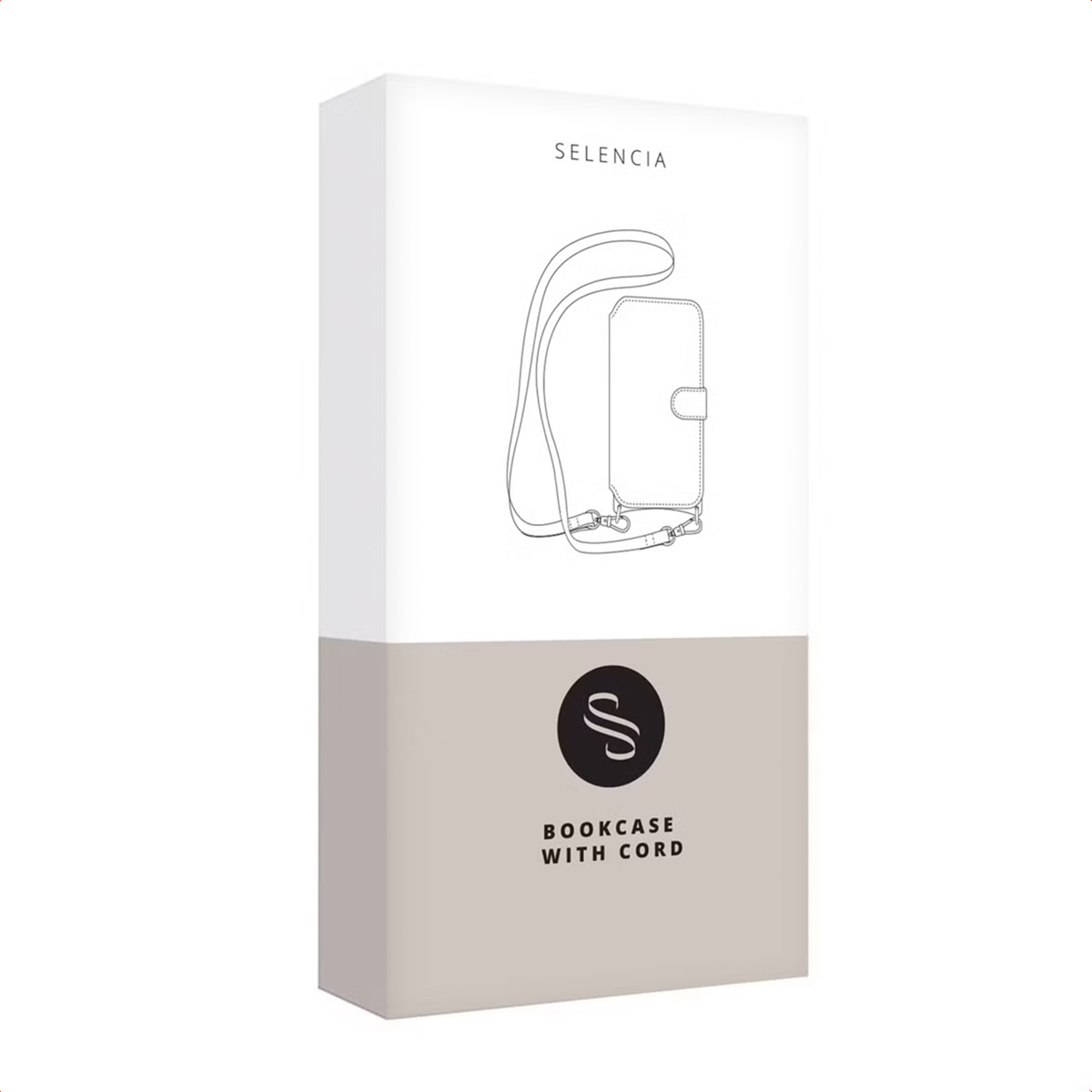 Eine weiße und graue Produktverpackung mit der Aufschrift Selencia Bookcase with Cord und einer Skizze einer Handytasche.