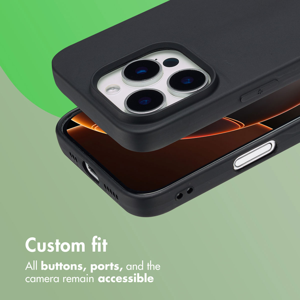 Une coque de smartphone noire sur un téléphone sur fond vert avec du texte sur l'accès aux boutons.