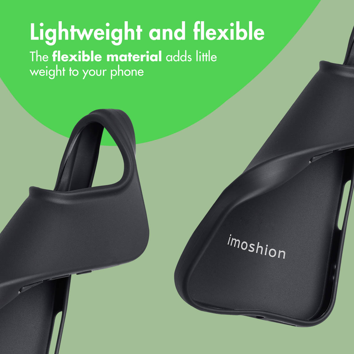 Deux coques de téléphone noires Imoshion sur fond vert avec du texte.