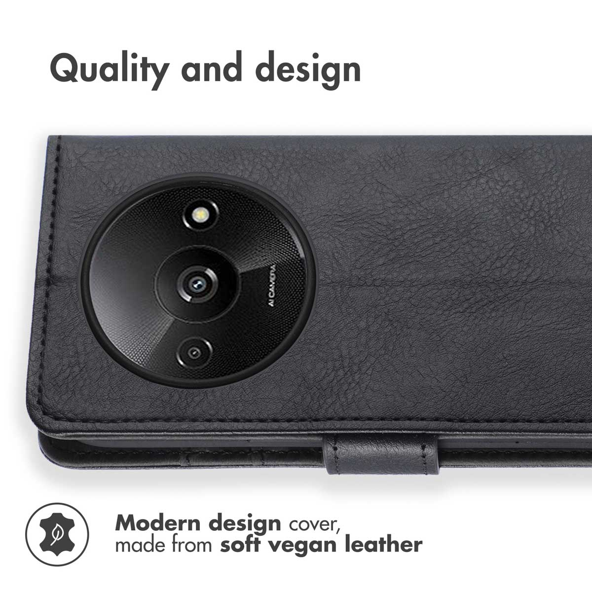 Schwarze Handyhülle aus veganem Leder mit kreisrundem Kameramodul. Text: 'Quality and design'.