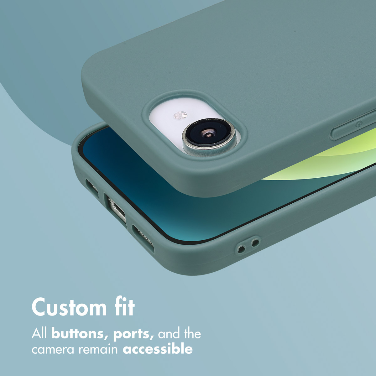 Custodia verde per telefono con aperture precise per fotocamera, porte e tasti.