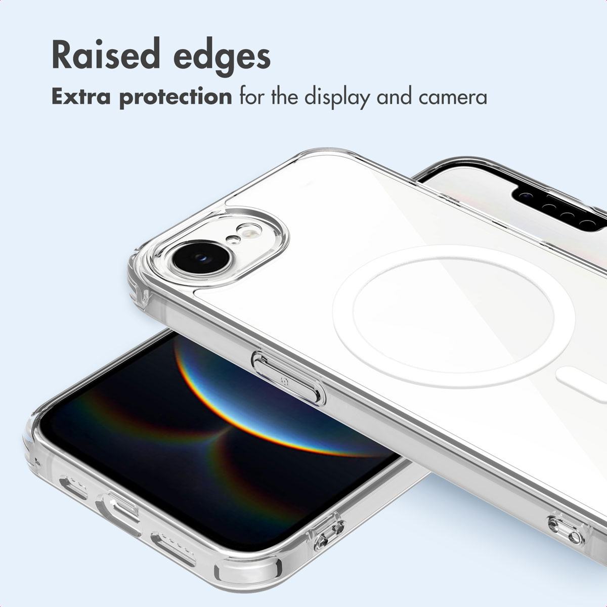 Funda transparente para teléfono con bordes elevados para proteger la pantalla y la cámara.