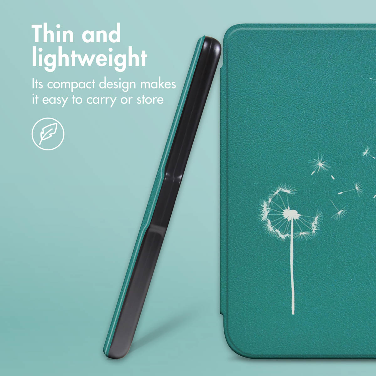 Dun, lichtgewicht turquoisen tablethoesje met witte paardebloemprint en tekst.