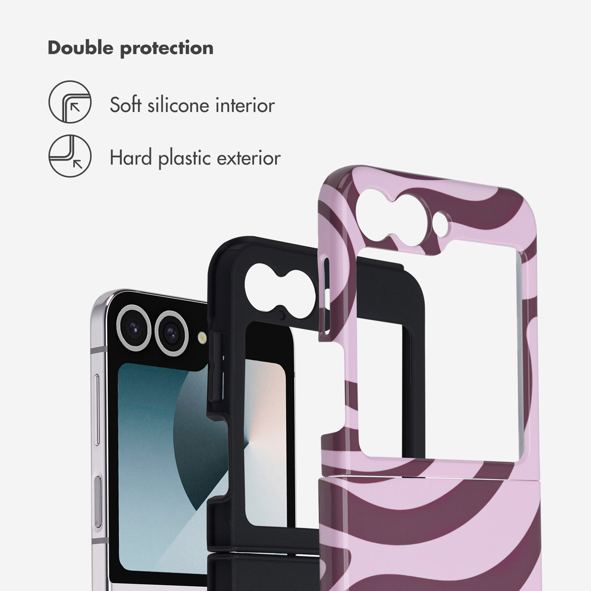 Infografica che mostra una cover per telefono con interno in morbido silicone e esterno in plastica dura.