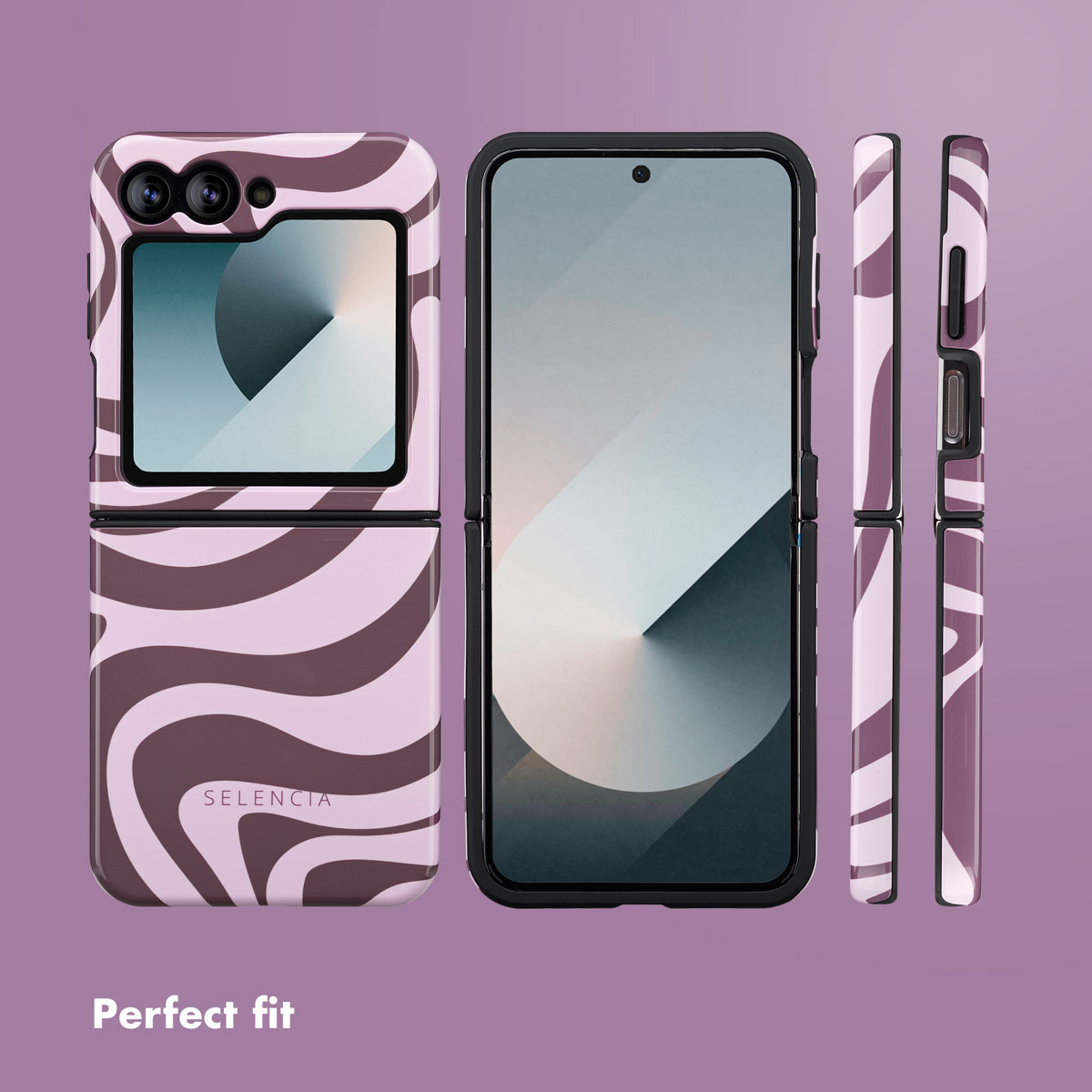Uno smartphone pieghevole con custodia rosa e marrone a vortice, mostrato da più angolazioni su sfondo viola.