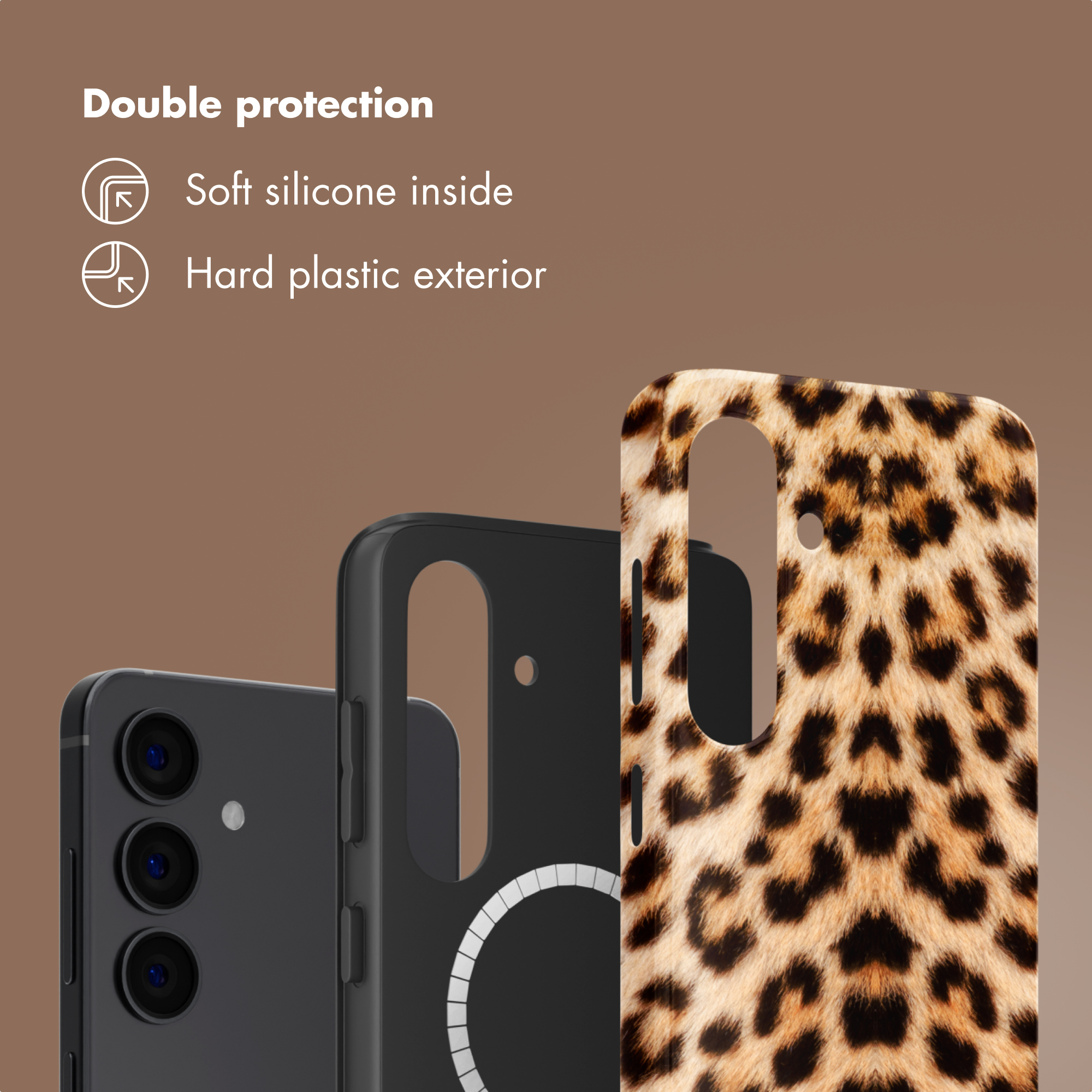 Handyhülle mit Leopardmuster und Text zur doppelten Schutzfunktion aus Silikon und Hartplastik.