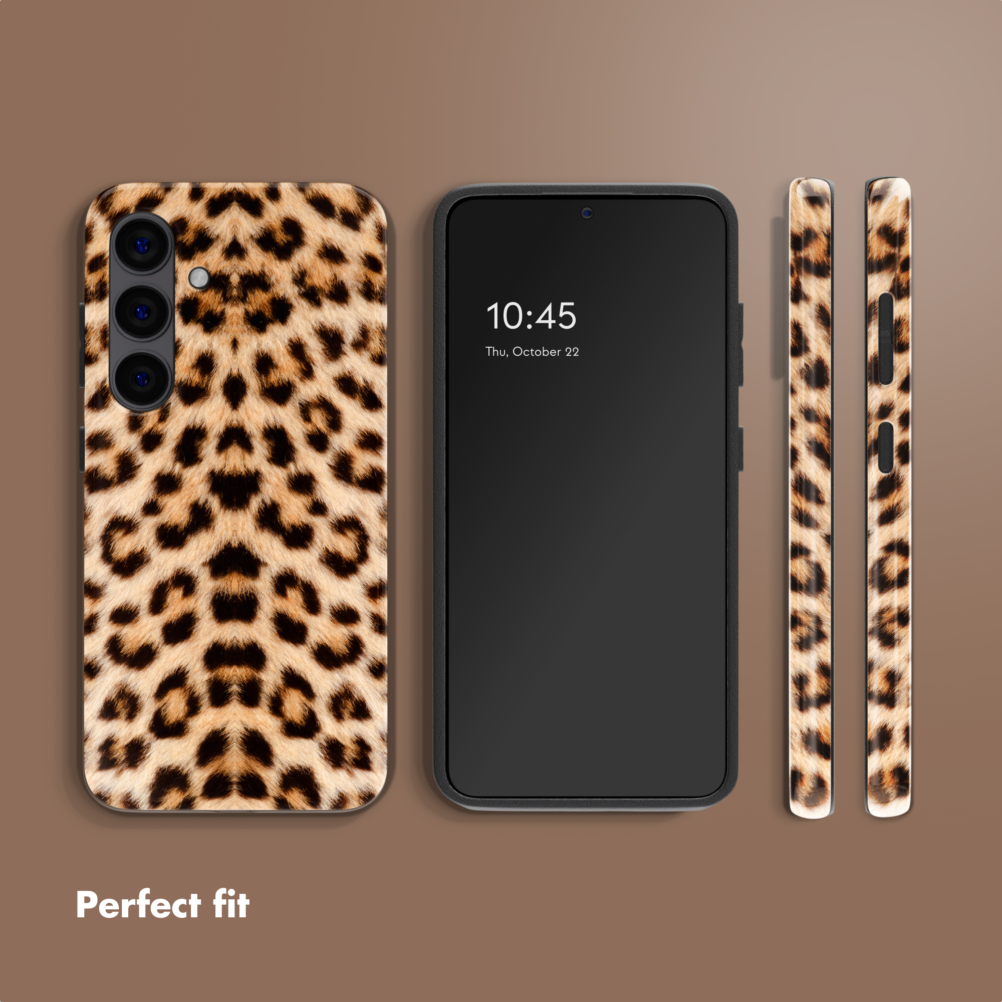 Handy mit Leopardendruck-Hülle von hinten, vorne und der Seite auf braunem Hintergrund.