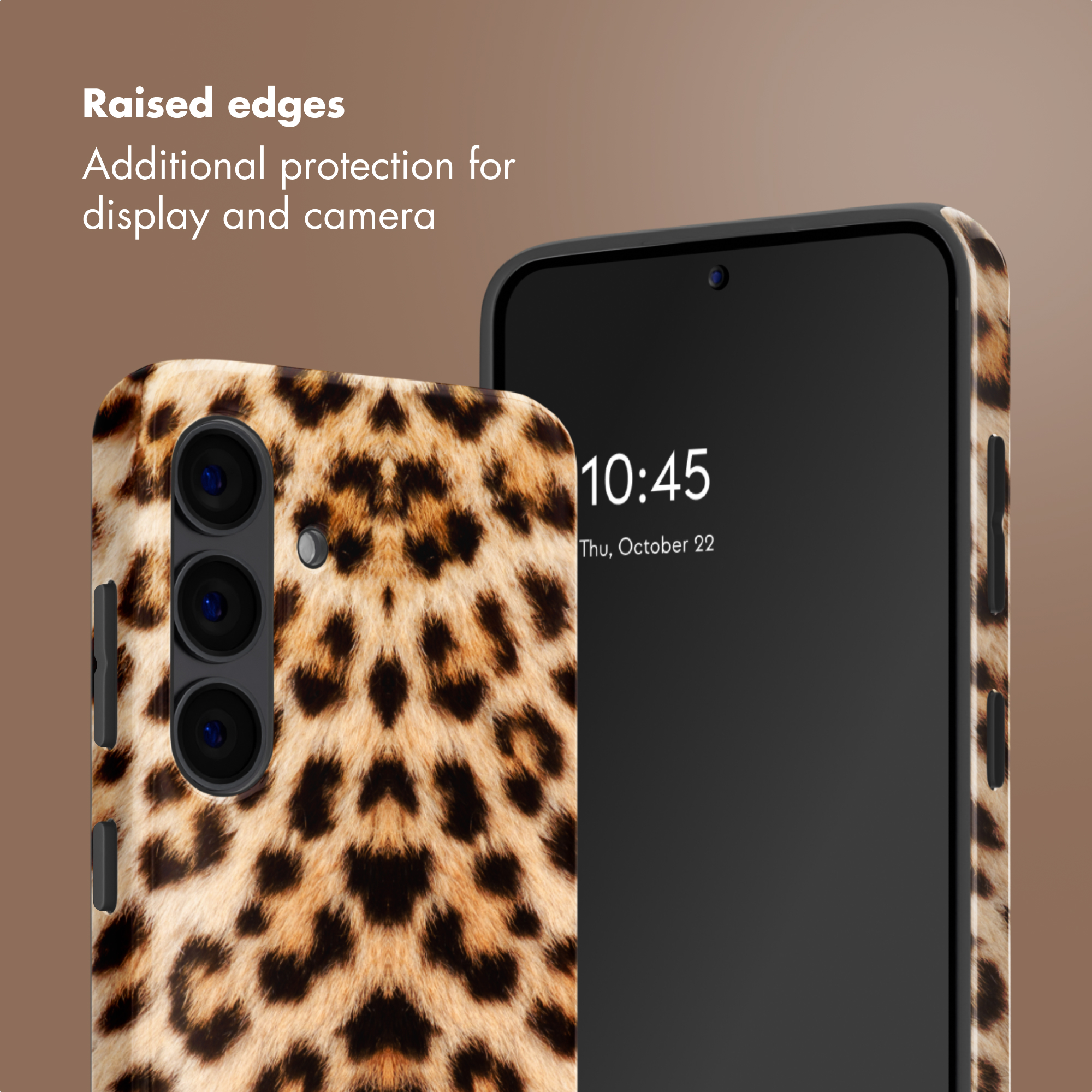 Handyhülle mit Leopardenmuster zeigt Vorder- und Rückseite mit Display und Kamera.