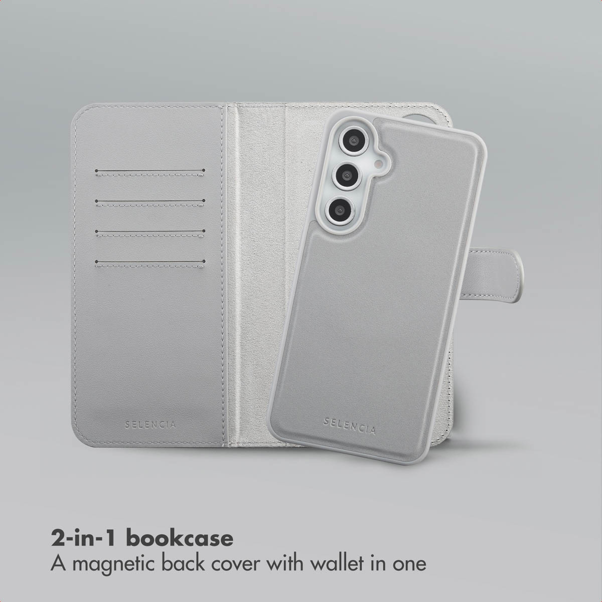 Una custodia per telefono 2 in 1 argentata con portafoglio e cover magnetica rimovibile.