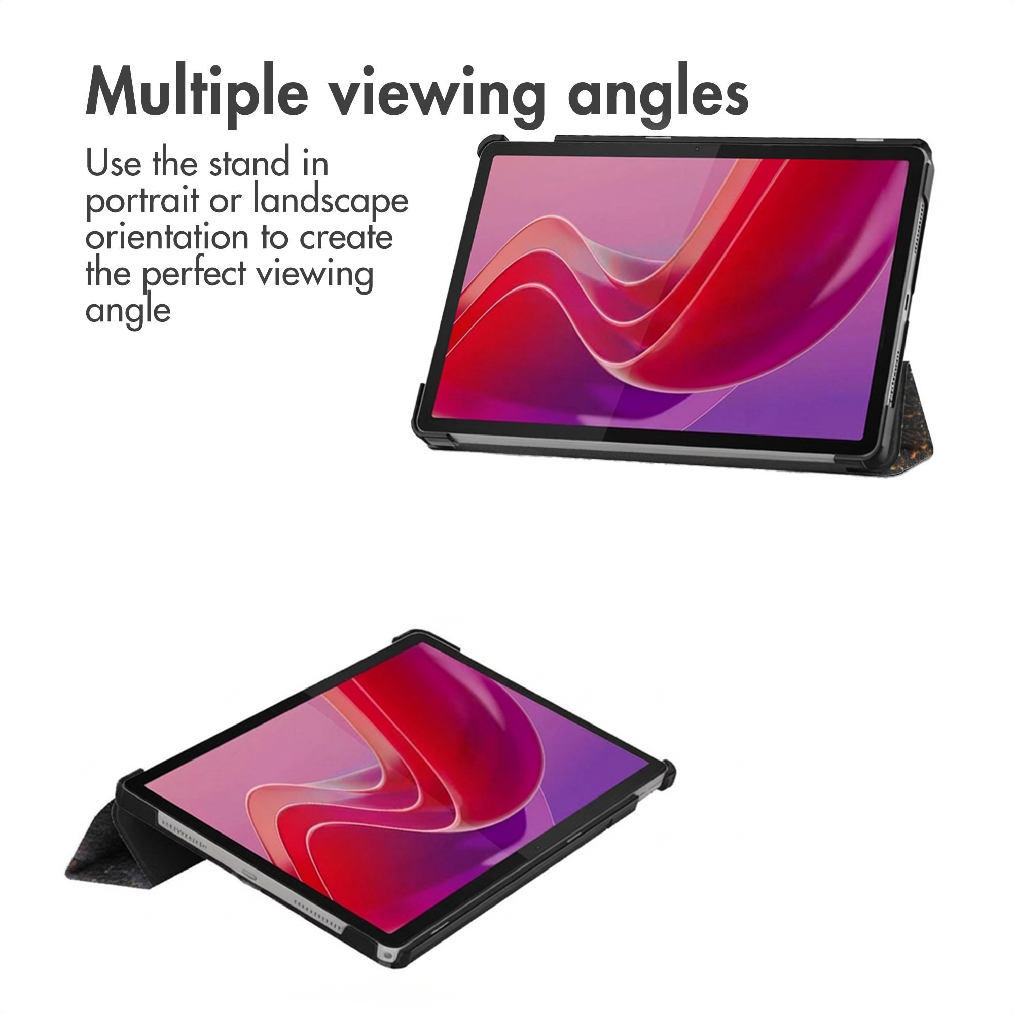 Tablette dans un étui de protection avec support pour plusieurs angles de vue, montrée debout et à plat.