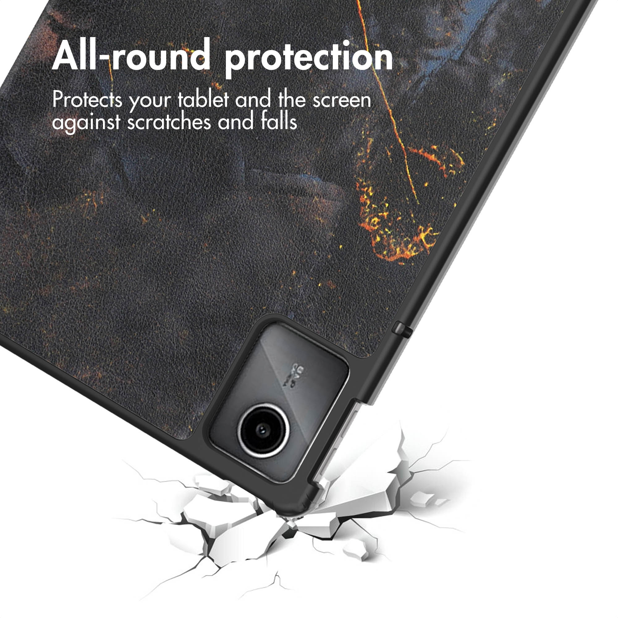 Protection intégrale pour tablette sur fond fissuré avec texte.