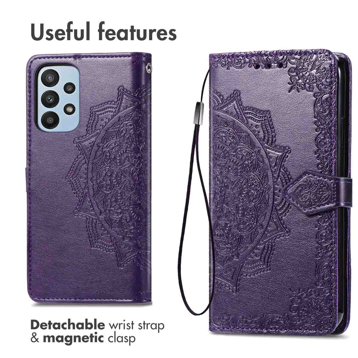 Coque de téléphone violette avec motif mandala, lanière et fermoir aimanté.