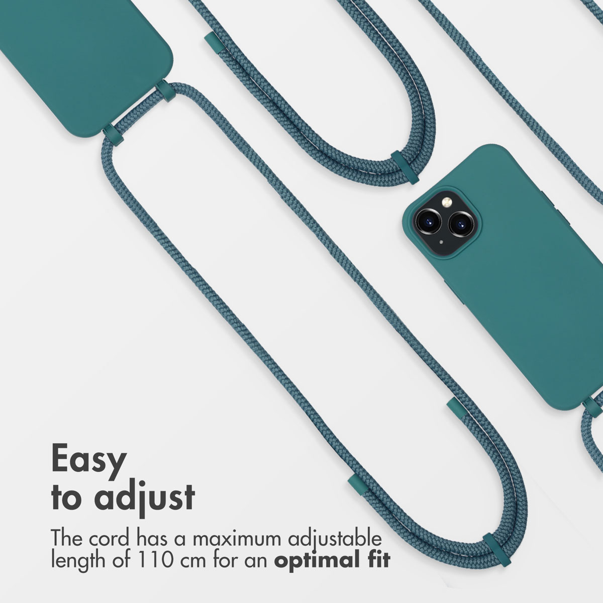 Groene telefoonhoes met verstelbaar blauw koord op een witte achtergrond.