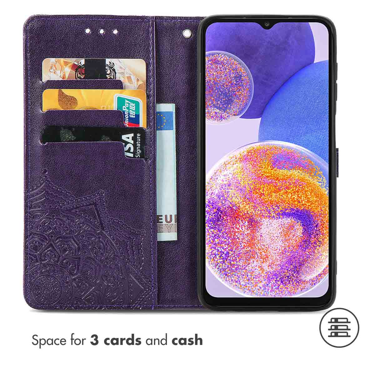 Étui de téléphone en cuir violet avec motif mandala, trois fentes pour cartes et une poche pour billets.