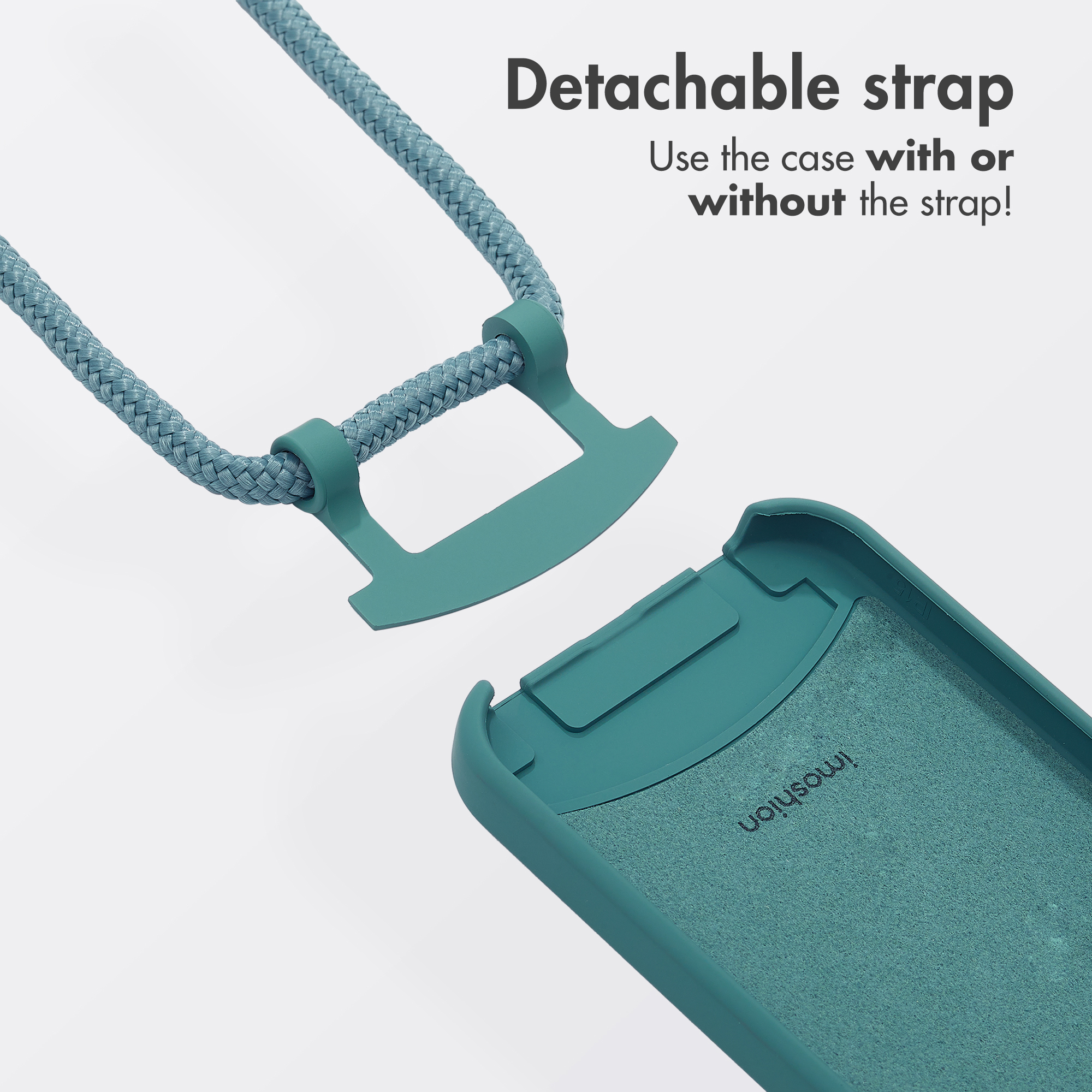 Afneembare riem voor het blauwgroene telefoonhoesje.