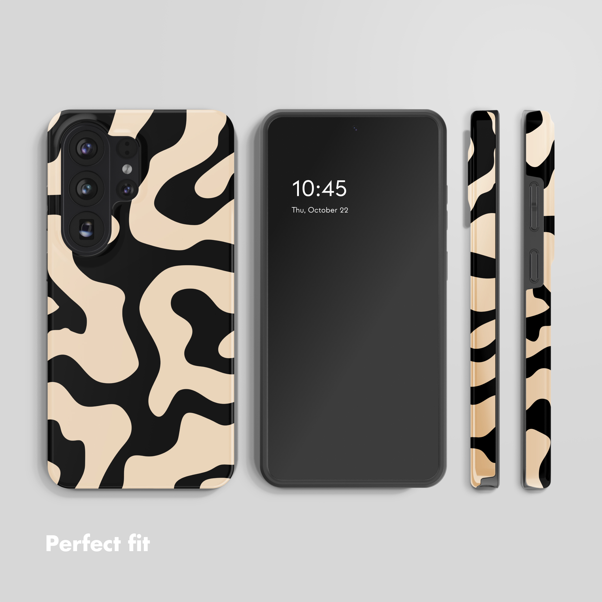 Un smartphone con funda de patrón negro y beige, mostrando frente, trasera y laterales sobre fondo gris.