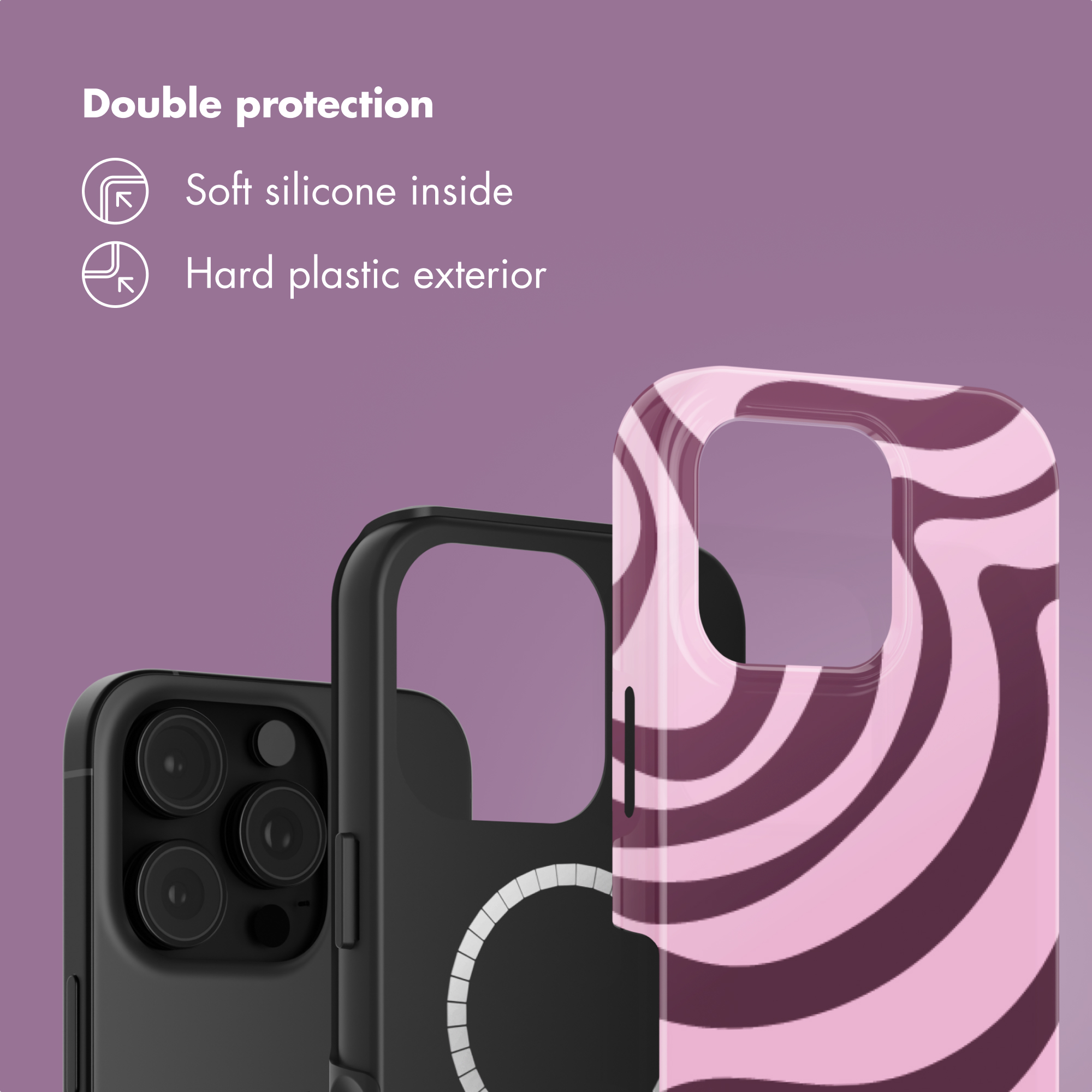 Sfondo viola con testo di doppia protezione, una custodia nera e una custodia con motivo rosa e viola scuro.