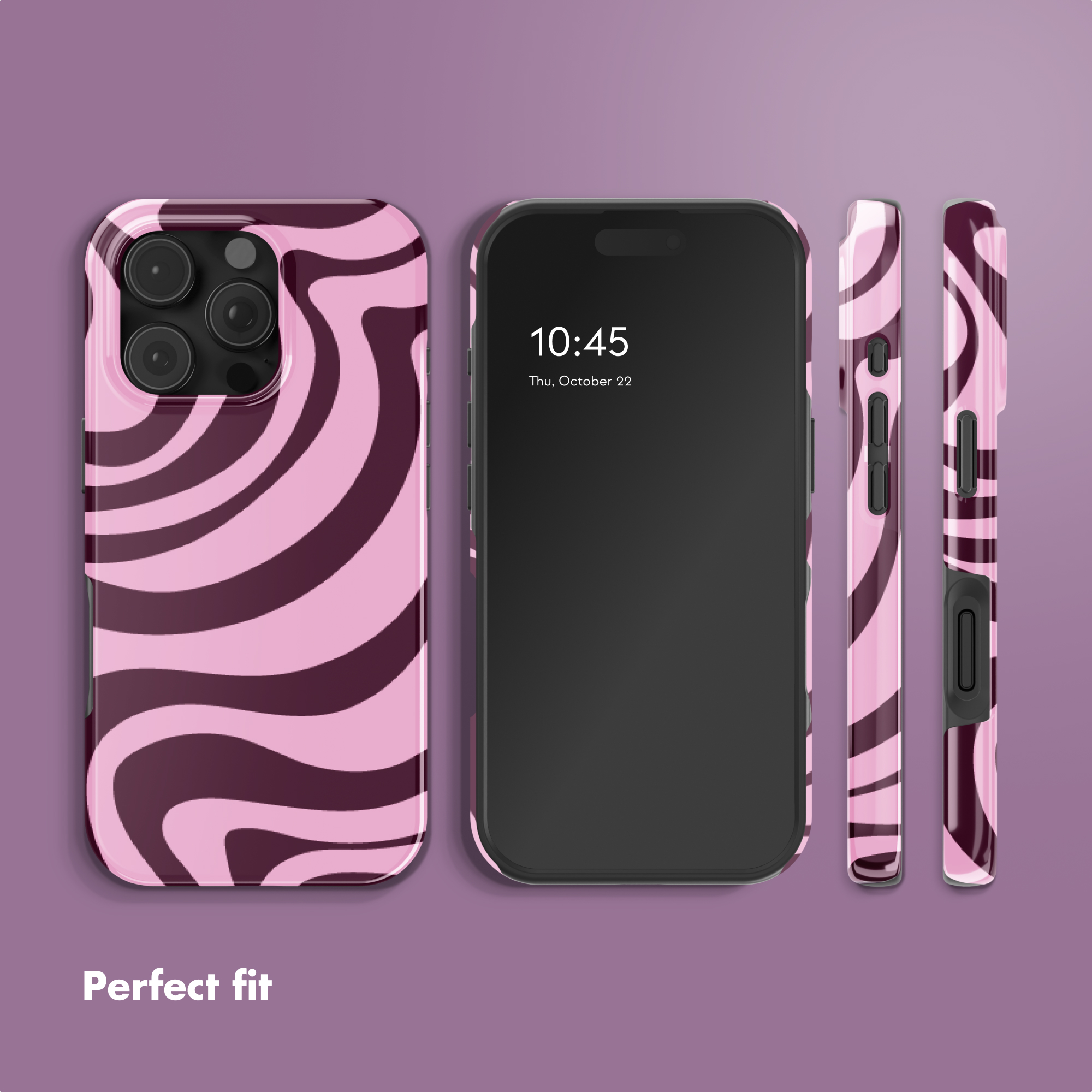 Quattro viste di uno smartphone con cover rosa e viola scuro su sfondo viola con il testo "Perfect fit".