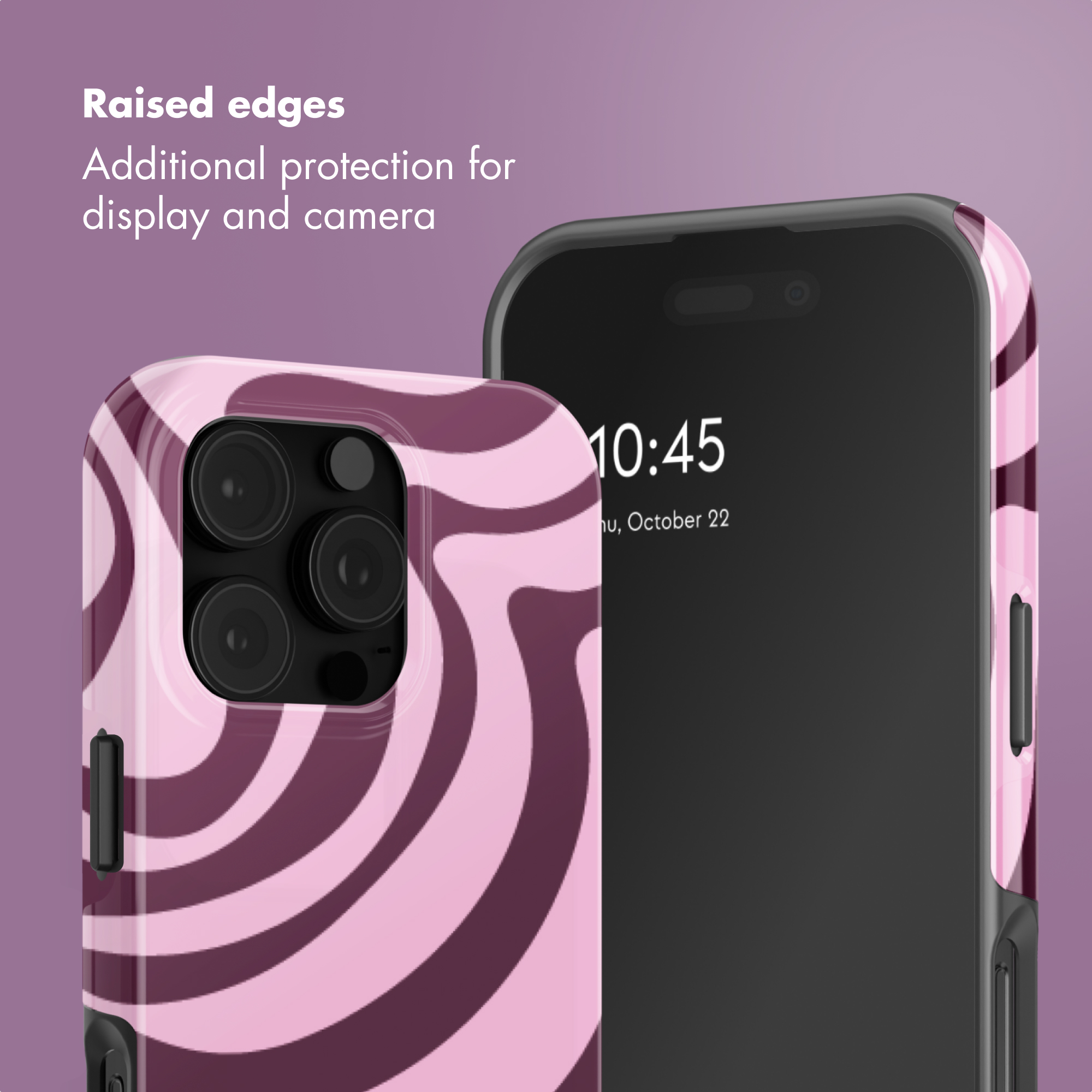 Cover per telefono con motivo a onde rosa, mostra il retro a sinistra e il fronte a destra.