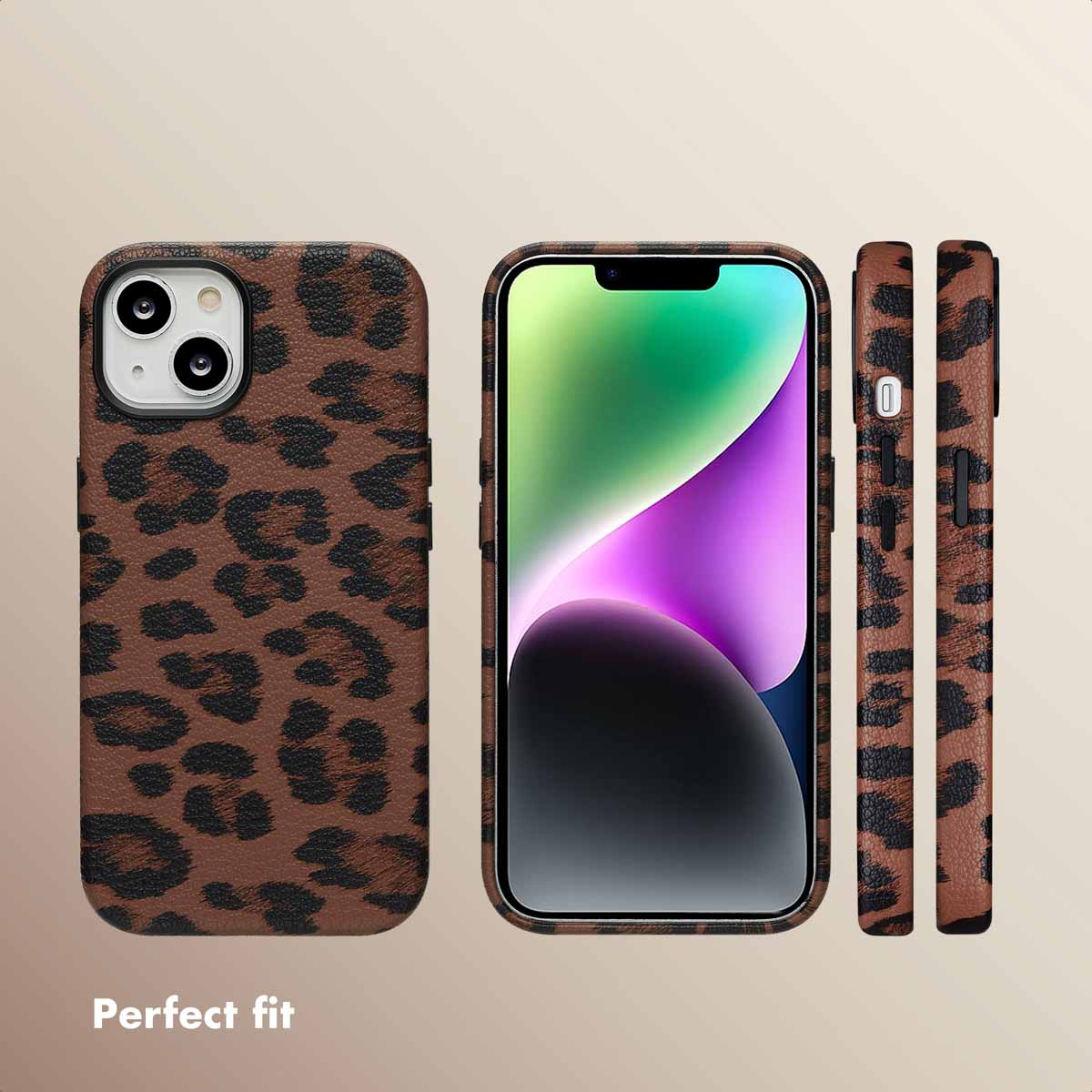 Funda de móvil con estampado de leopardo marrón y negro, vista con un iPhone.
