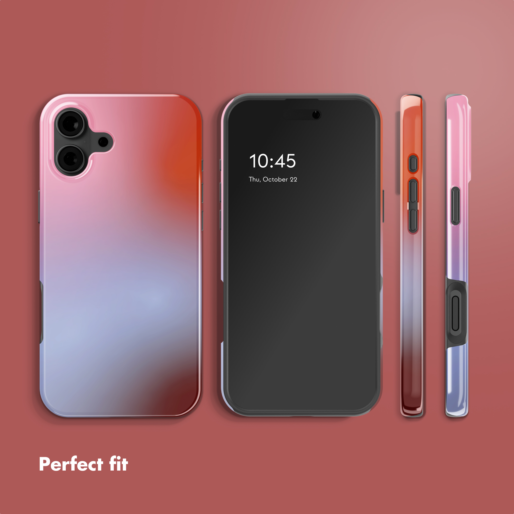 Smartphone da più angolazioni con cover sfumata rosa, rosso e blu su sfondo rosso.