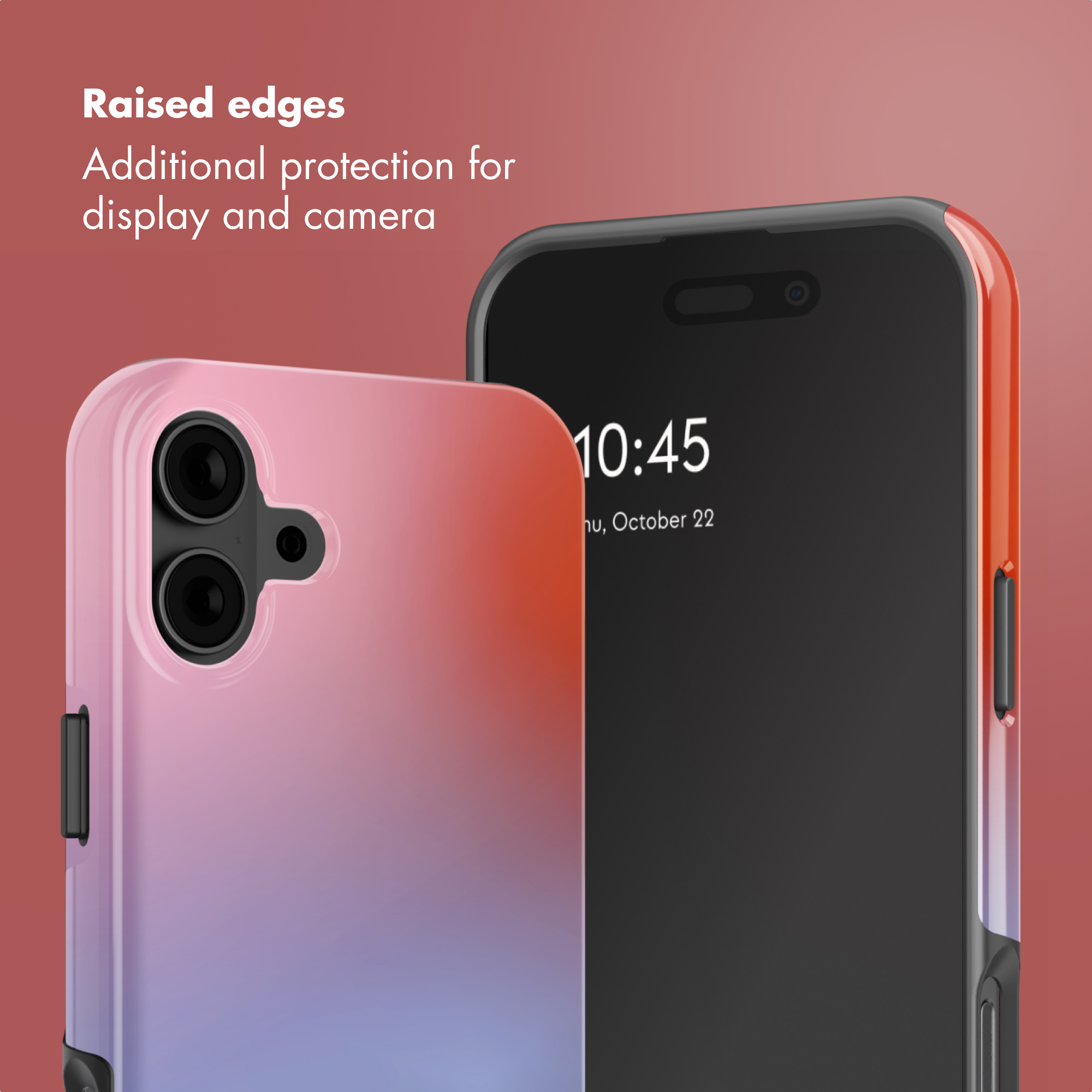 Due smartphone con cover sfumate su sfondo rosso e testo sui bordi rialzati.