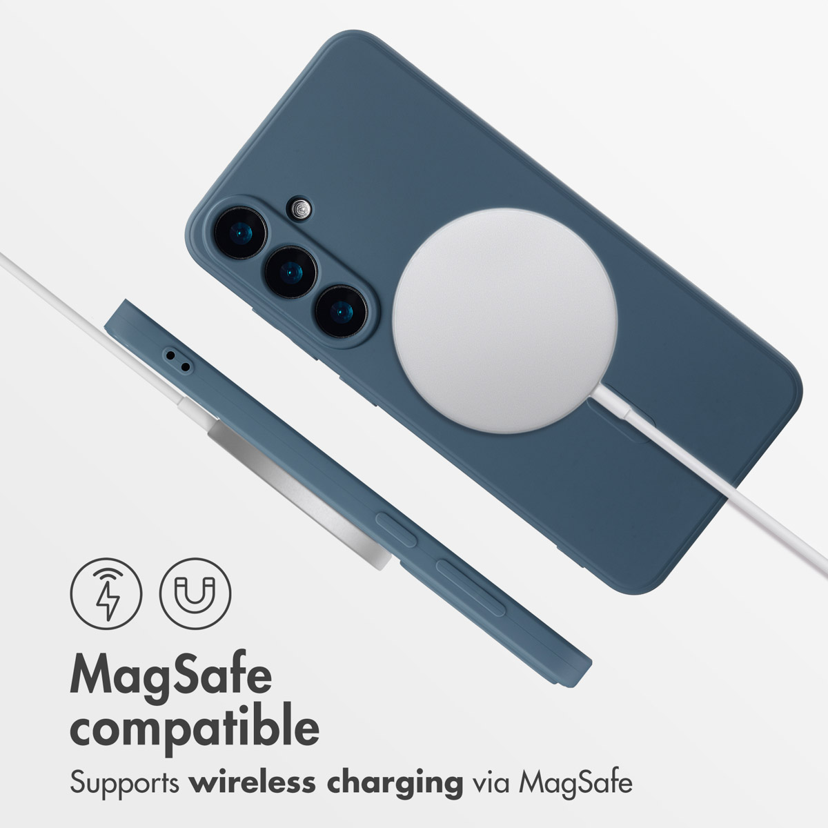 Niebieskie etui z ładowarką MagSafe, widokiem bocznym i tekstem kompatybilności.