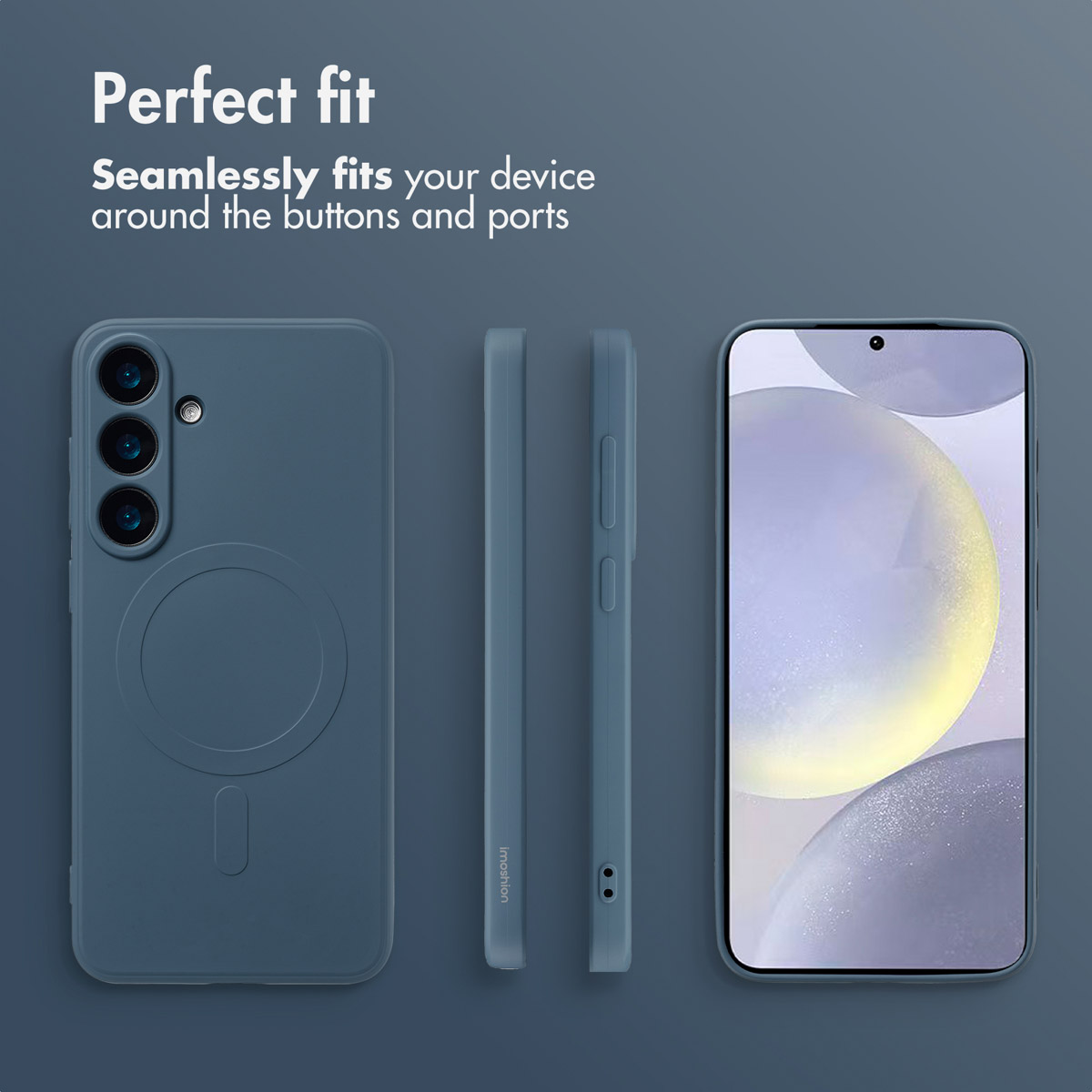 Niebieskie etui na smartfon pokazane pod wieloma kątami na ciemnym tle, eksponujące przyciski i porty.