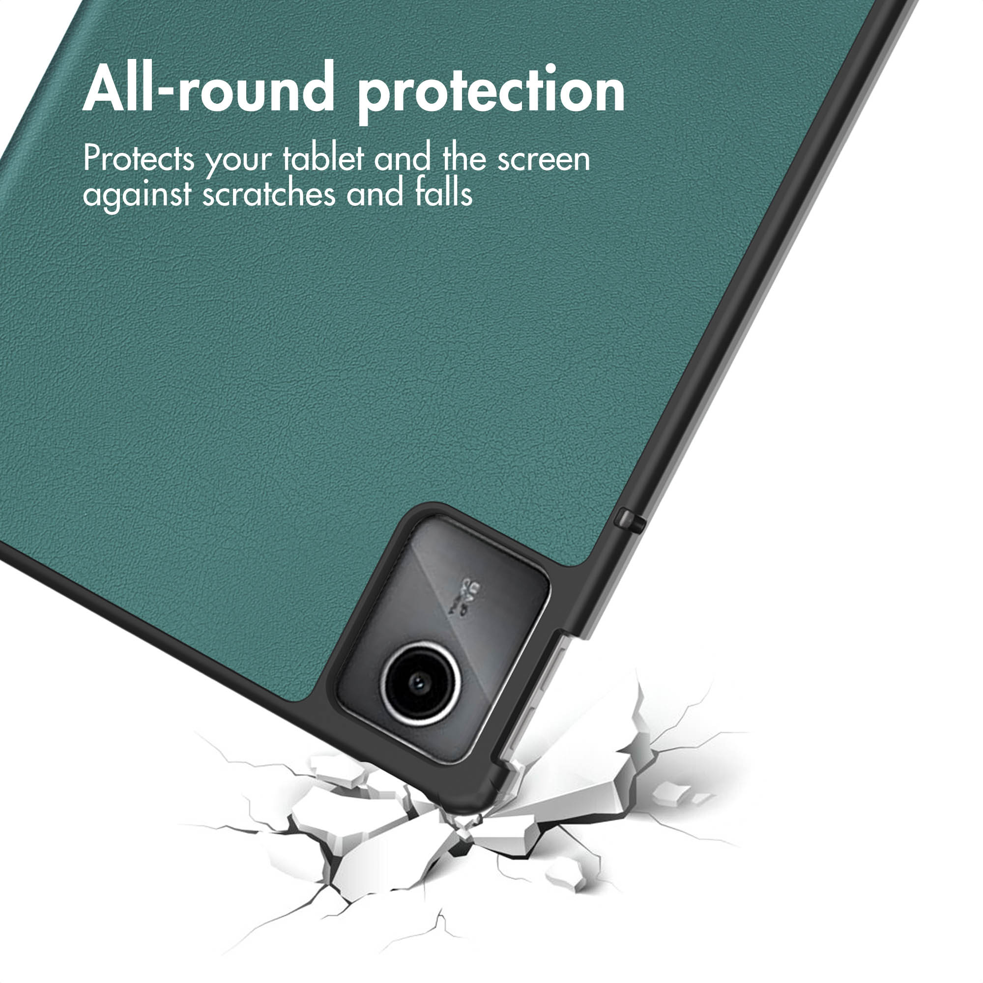 Green tablet case with text All-round protection and impact graphic.