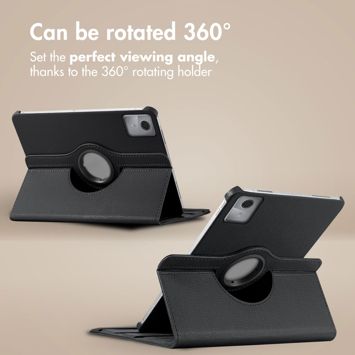 Two black leather tablet cases with a 360-degree rotating stand feature on a beige background.