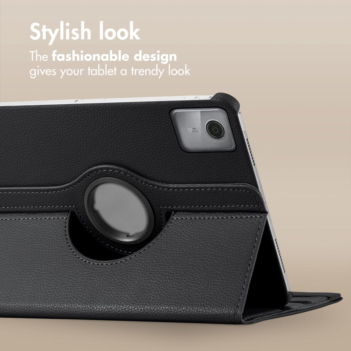 Stylish black leather case for a tablet, propped up against a beige background.