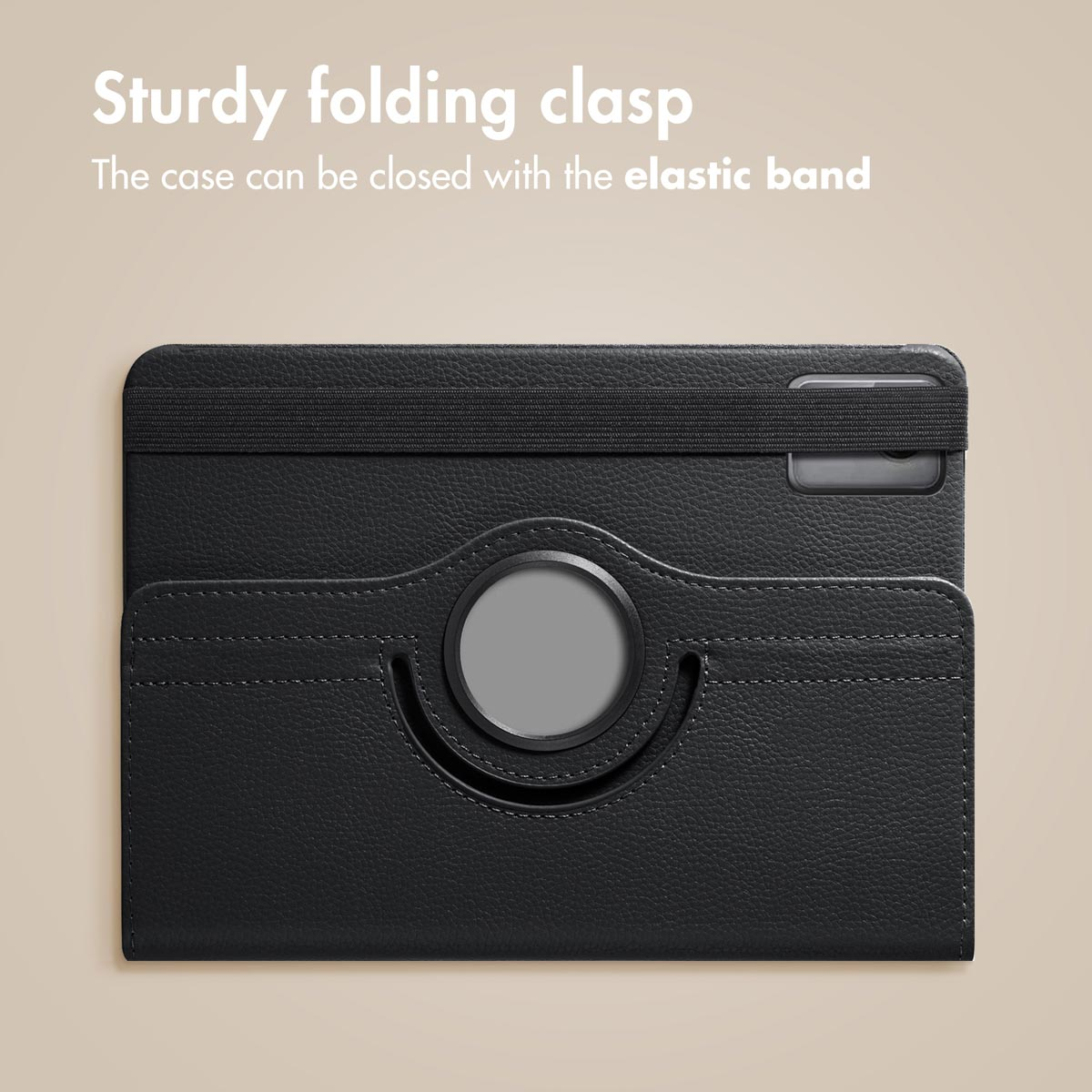 Black tablet case with elastic band and round holder against beige background.