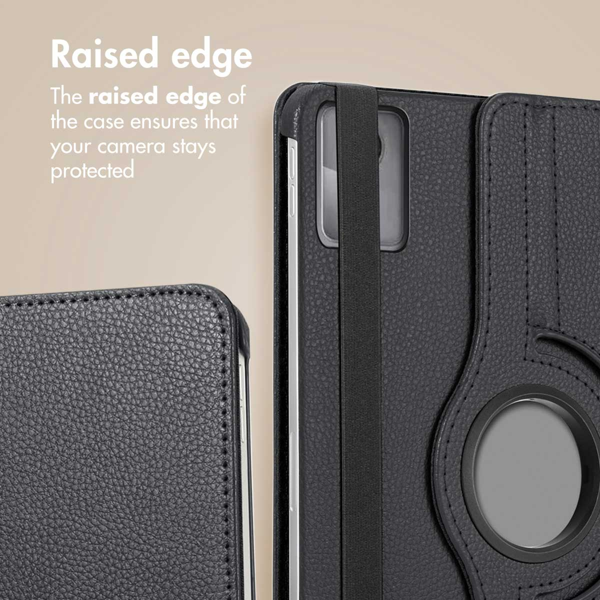 Close-up of a black textured tablet case highlighting the raised camera edge for protection.