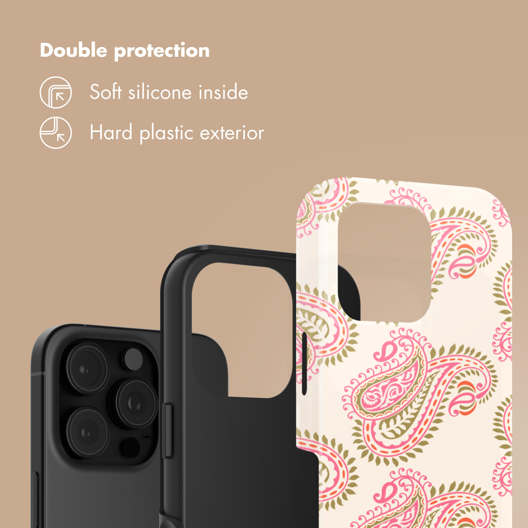 Una custodia per telefono con doppia protezione spiega silicone morbido interno ed esterno in plastica rigida.