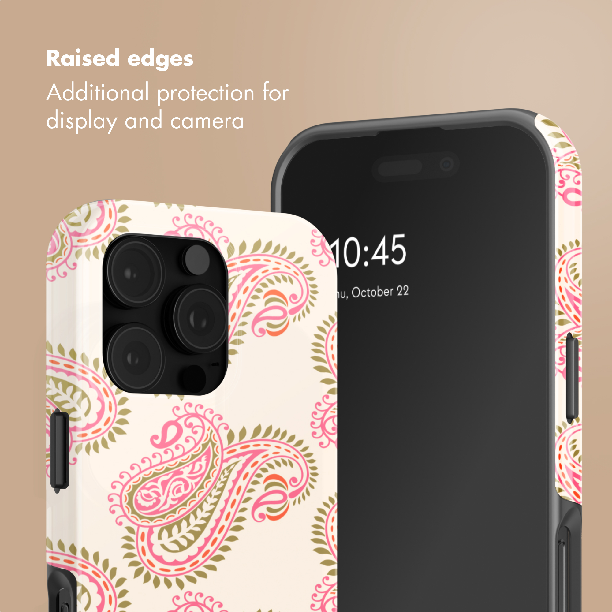 Smartphone in custodia protettiva con motivo paisley bianco, rosa e verde e testo sulla protezione.